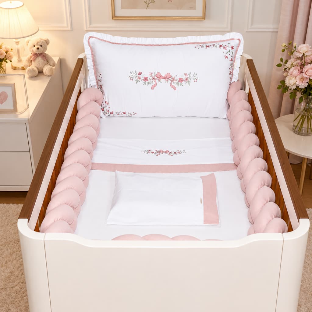 Kit Berço americano menina floral minimalista laço  rose luxo bordado com trança