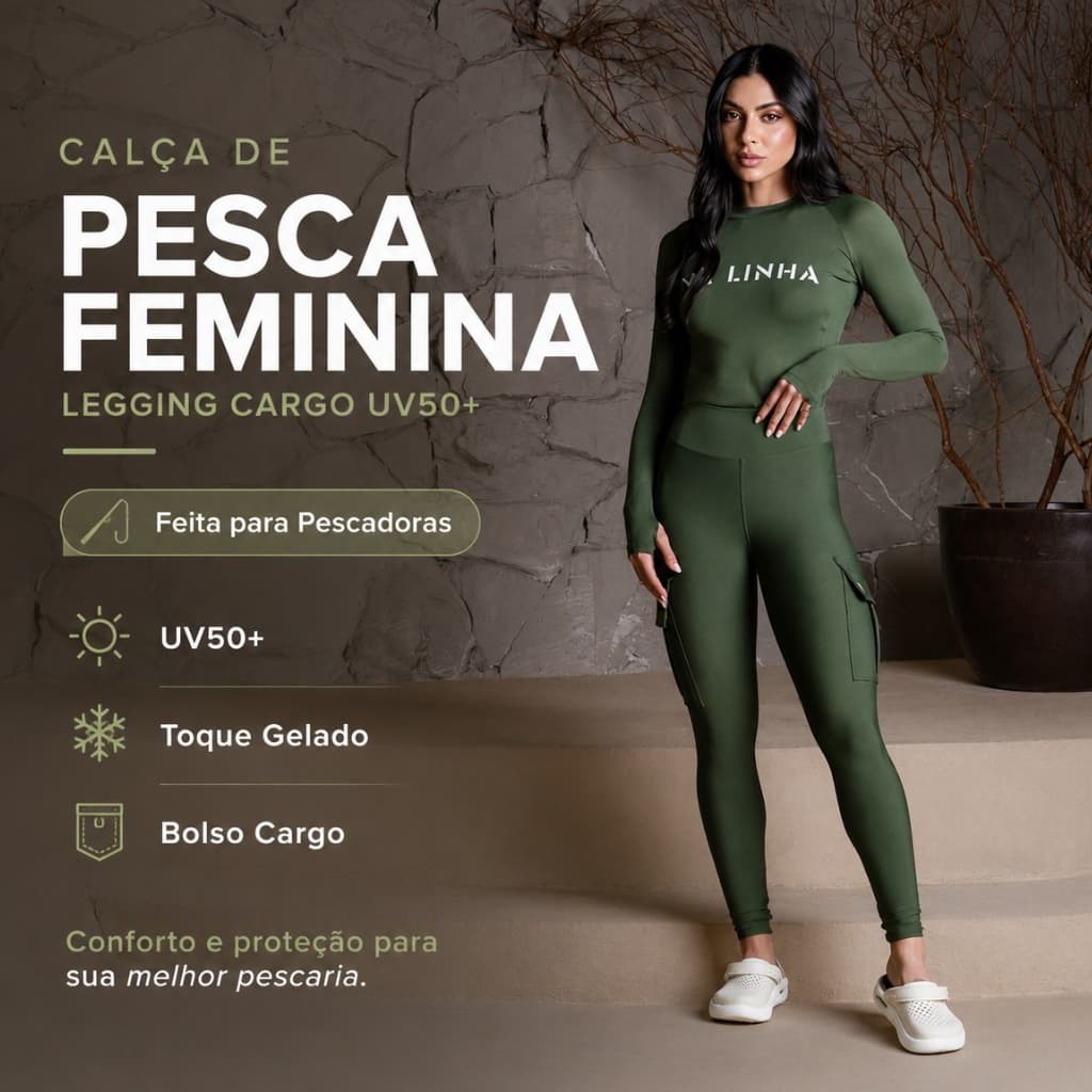 Calça de Pesca Feminina com Proteção Solar, Cintura Alta, Tecido Frio, Bolso Cargo.