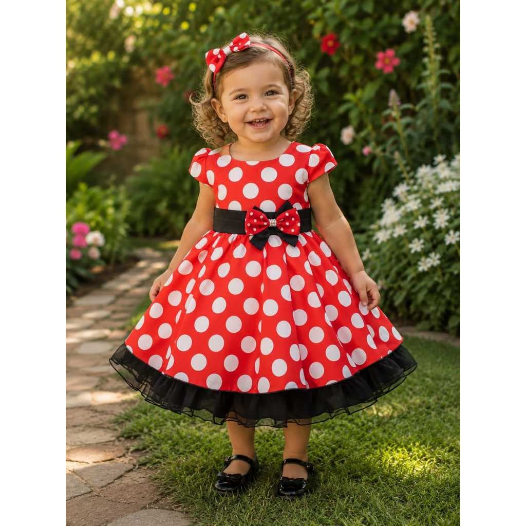 Vestido Infantil Temático Minnie Disney Luxo com Bolinhas 1 ao 3
