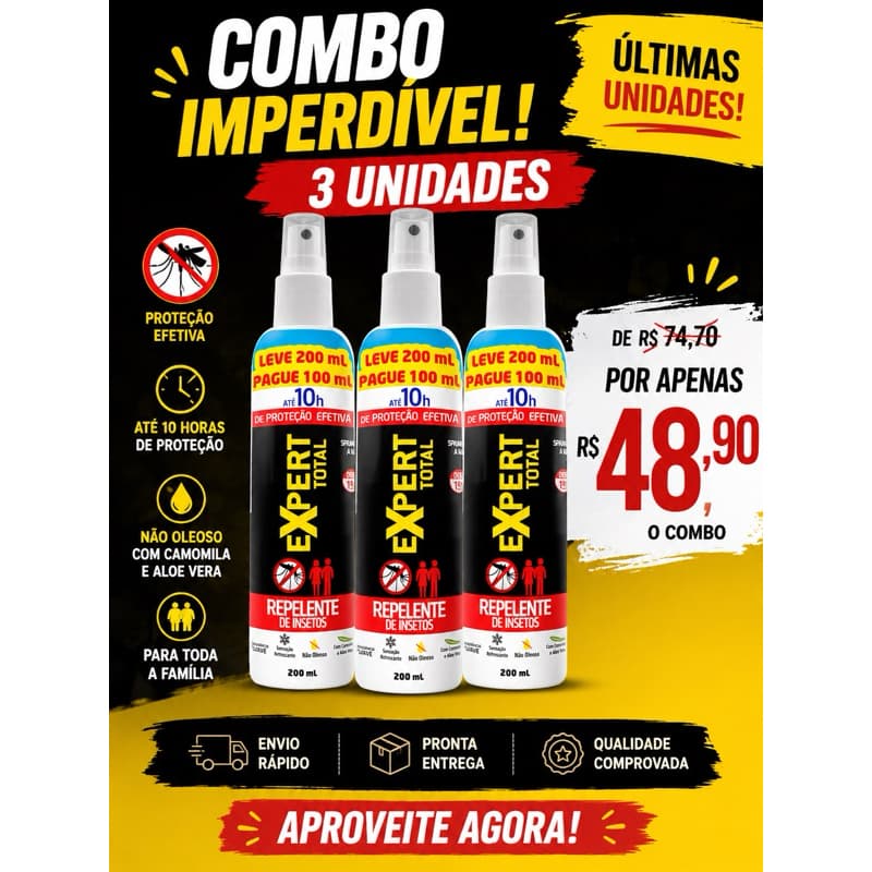 kit com 3 unidades  Repelente De Insetos Spray Expert Total 10h 200ml Nutriex