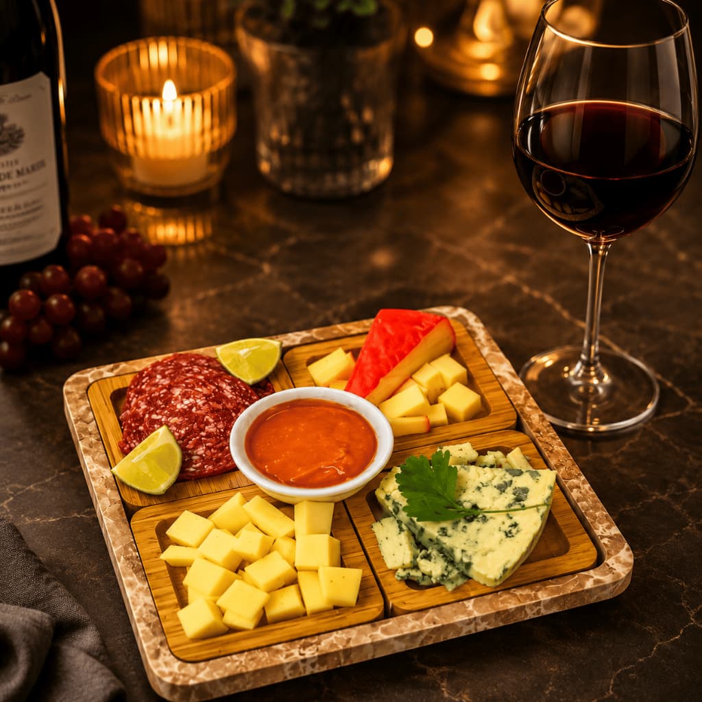 Tabua De Frios  Petisqueira Madeira Quadrada Copa 4 Pecas Aperitivos Servir Churrasco Namorados