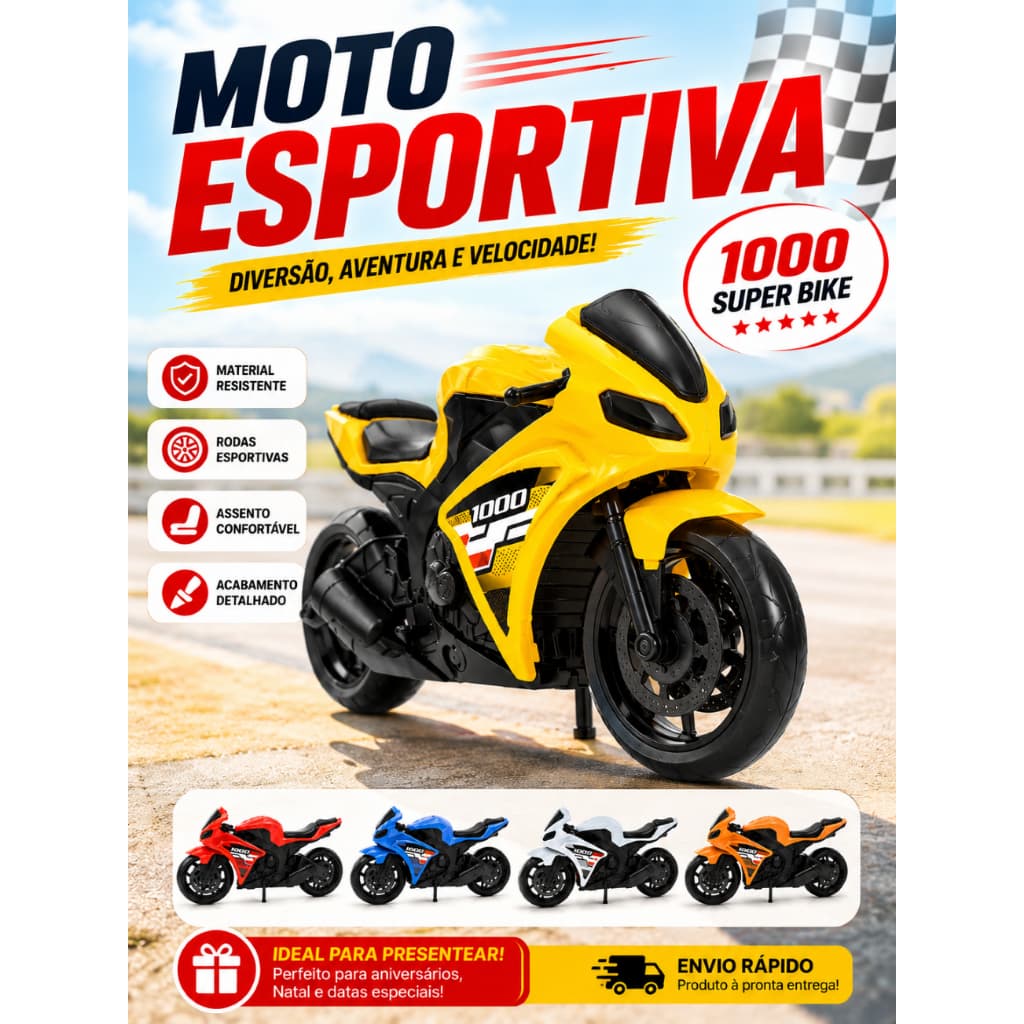 Kit Moto Esportiva 1000 de Corrida Carenada Brinquedo Realista Infantil Crianças Rodas Livres