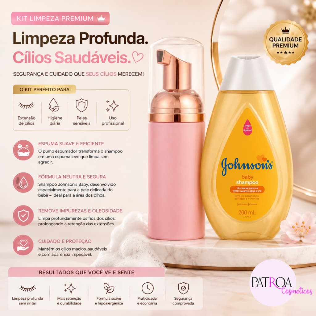 Frasco Pump Espumador E Shampoo Jhonson 200ml Limpeza de Cilios Extensão