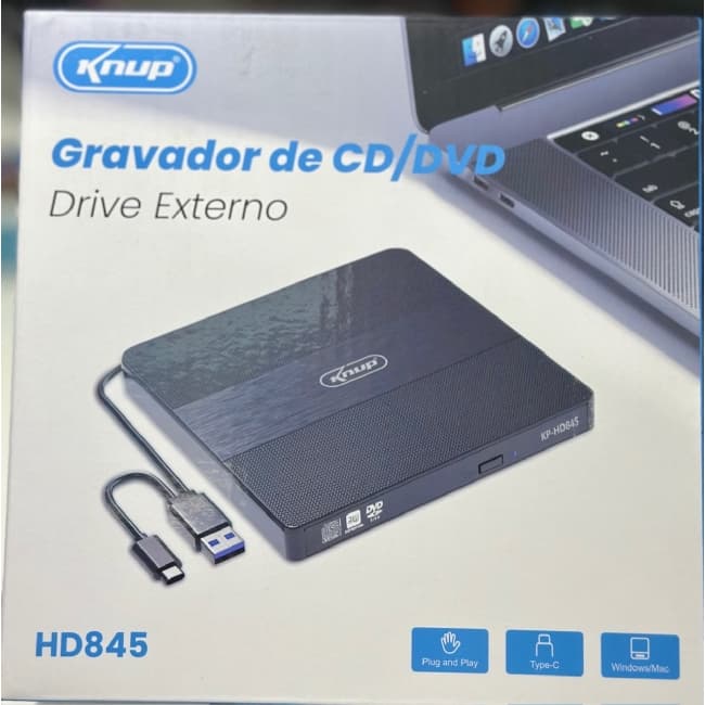 Leitor e Gravador CD DVD Externo Knup USB 3.0 Type C