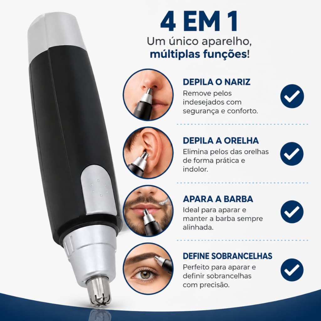Removedor de Pelos Nasal Elétrico Tira Pelos Nariz Sobrancelhas Buço e Orelhas Prático Pilha AA
