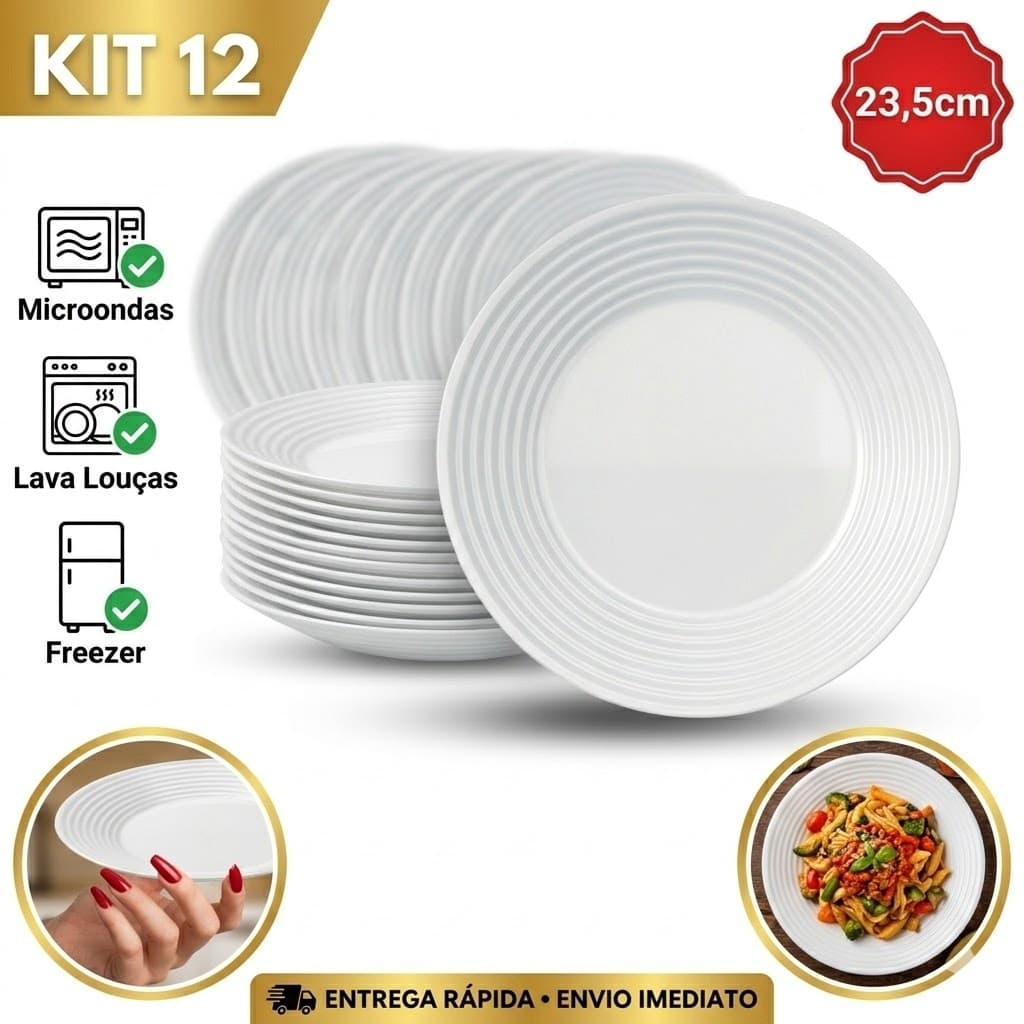 Kit Jogo de 12 Pratos Fundo Saturno Nadir Opaline 23,5cm Duralex Vidro Gourmet Branco Jantar Almoço