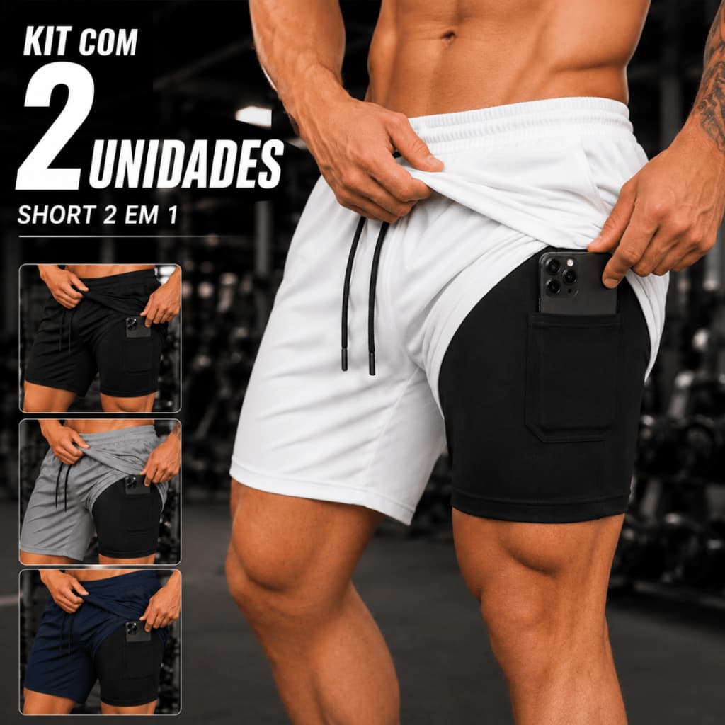 Kit 2 Short 2 Em 1 Masculino Dry Fit Academia Compressão