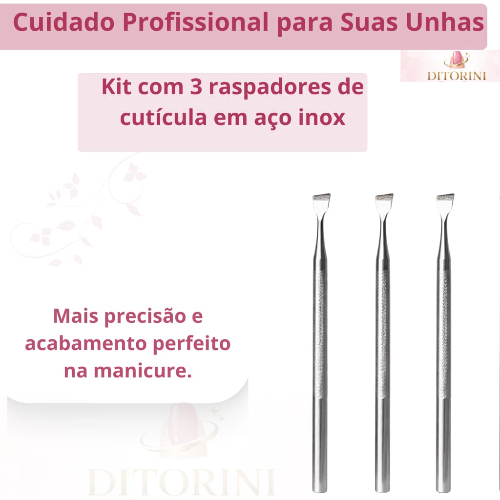 Kit Manicure Profissional 3 Raspadores de Cutícula Inox Não Enferruja
