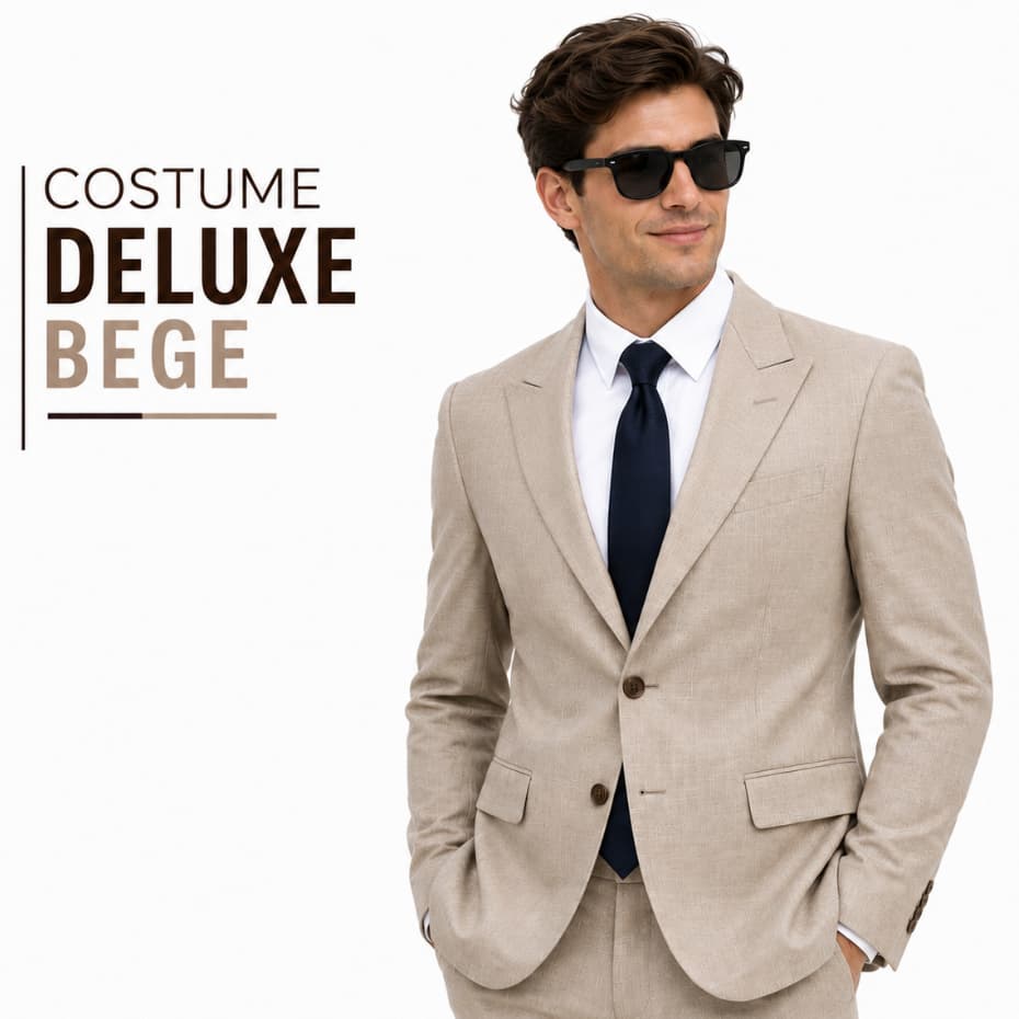Costume Poliviscose Slim Italiano Masculino Bege - Model Deluxe - Gola Peak