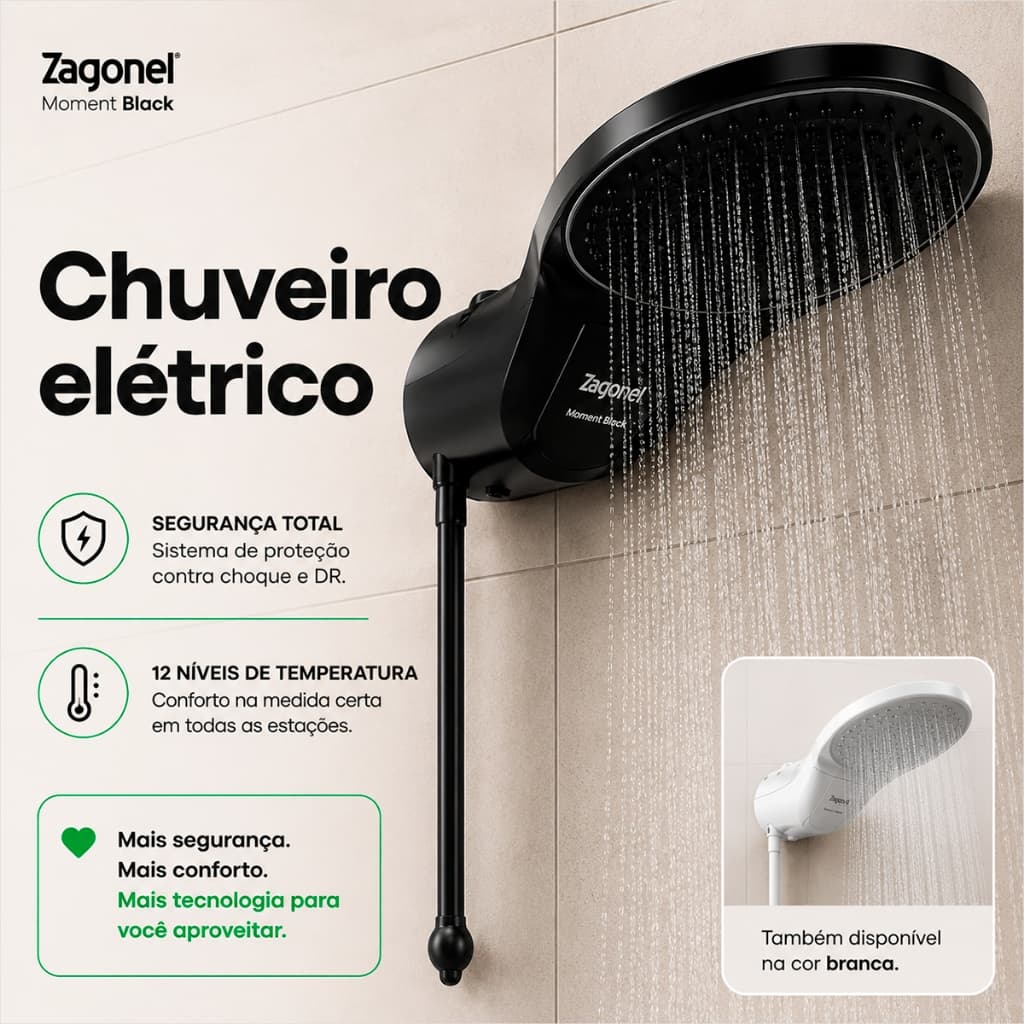 Chuveiro Elétrico Preto Ducha Elétrica 220v Chuveiro Moment Zagonel Chuveiro 4T Água Quente 5500W