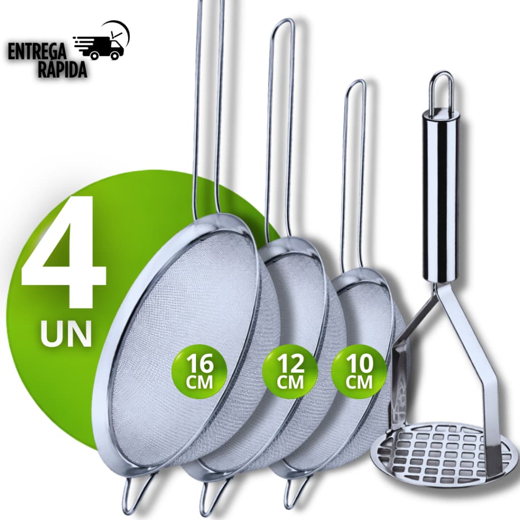 Peneira Coador Manual Aço Inox 3 Tamanhos 10/12/16cm + 1 Amassador de Batata Utensílios Papinha Pure Receita Caseira