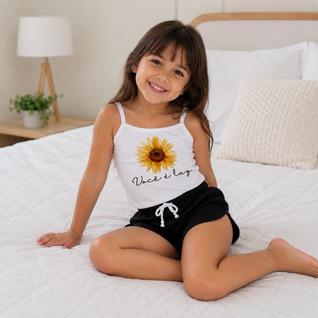 Pijama Feminino Infantil Baby Doll Você É Luz Shorts Preto