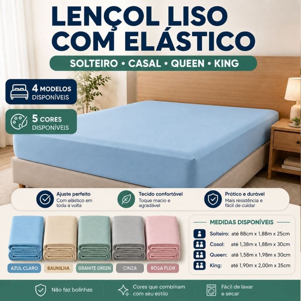 Lençol Com Elástico Adulto Liso Avulso Malha Macia 100% Algodão Cama Solteiro Casal Queen E King