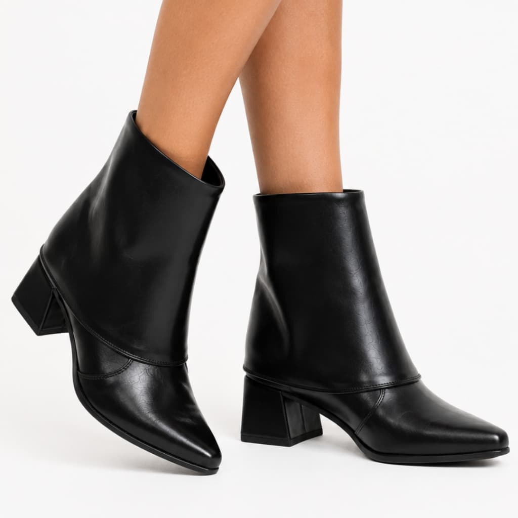 Bota Feminina Salto Bloco Cano Curto Capa Fold Over Bico Fino