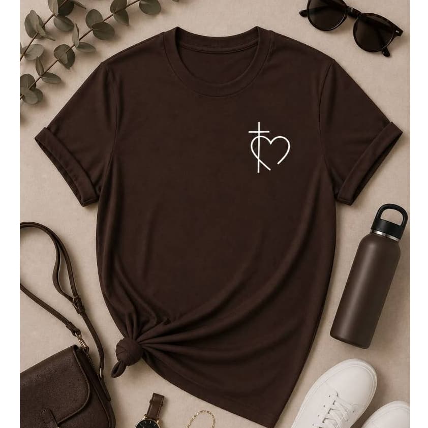 Camiseta Feminina Estampada Algodão Religiosa Cristã Cruz Coração