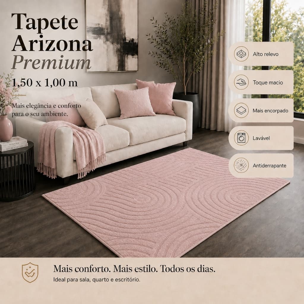 Tapete Sala Rosa Claro 1,50X1,00 Alto Relevo Premium Macio Antiderrapante Quarto Escritório