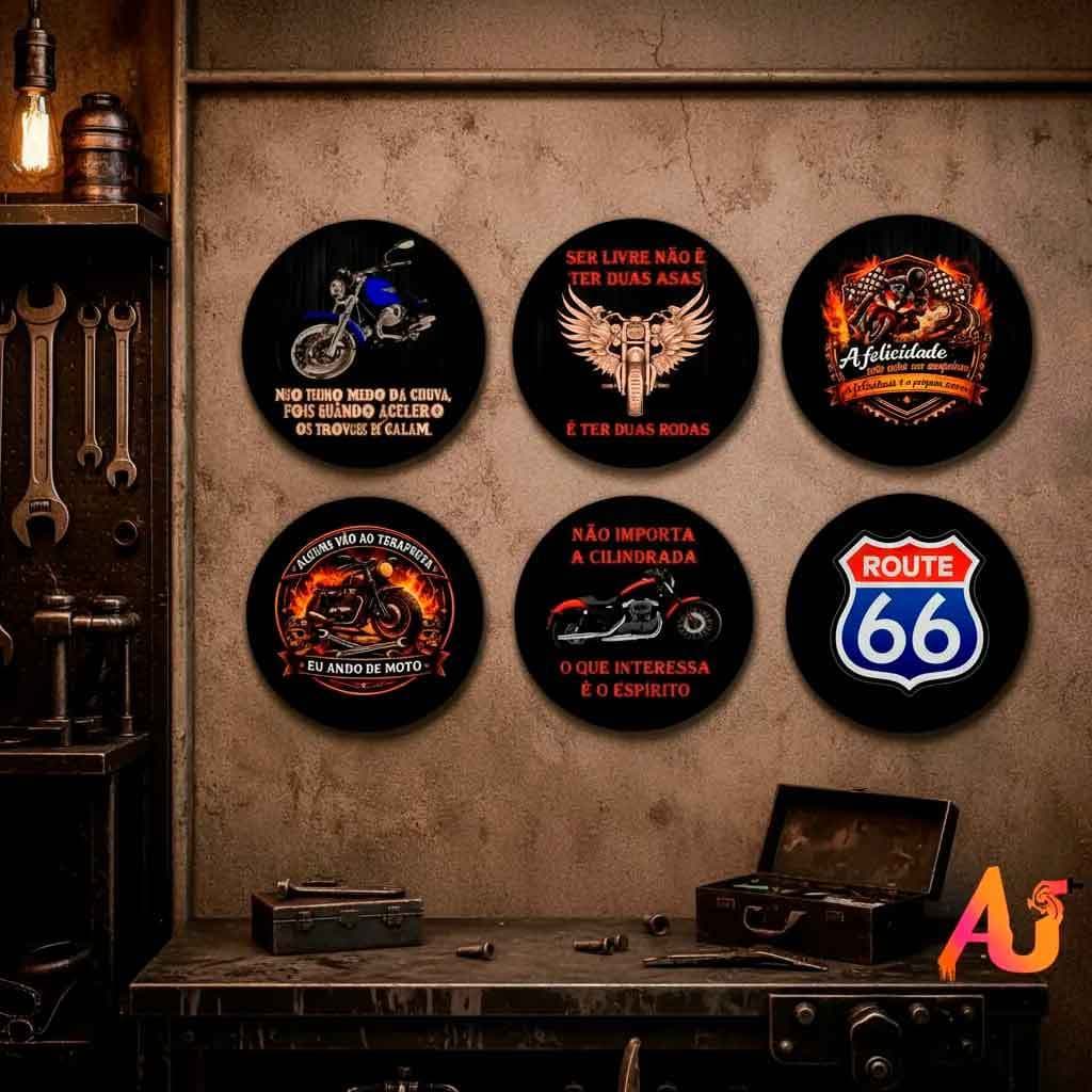 kit com 6 quadros Placas Decorativas Redondas Rústica Moto garagem oficina bar churrasco área gourmet - tamanho 30 cm