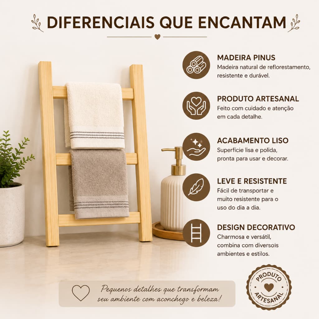 Escada Decorativa Madeira Pinus Porta Toalha Lavabo Pano De Prato Cozinha Banheiro Escadinha
