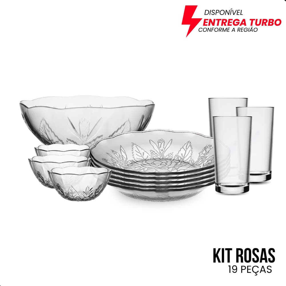 Aparelho de Jantar 19 Peças Pratos Copos Tigelas Saladeira Vidro Elegante Completo Mesa Posta