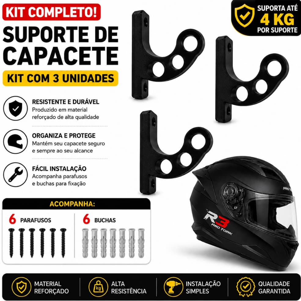 Kit 3 de Suporte Parede Para Capacete Pendurar Capacete de Moto e Acessórios Chaves Jaqueta, suporte celular capacete