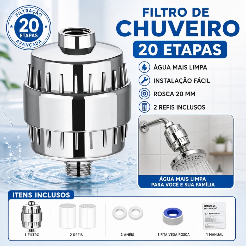 Filtro De Chuveiro 20 Camadas Com 2 Refis Purificador De Água Para Banho Fácil Instalação