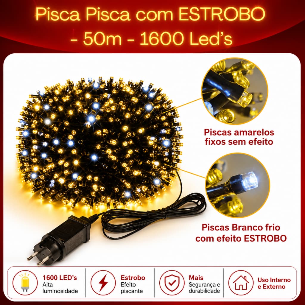 Cordao Led Strobo Pisca Pisca 1600 Leds 50m Prova D'água