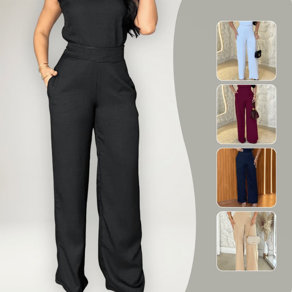 Calça Pantalona Feminina Alfaiataria Premium Cintura Alta Com Bolsos Laterais Moda