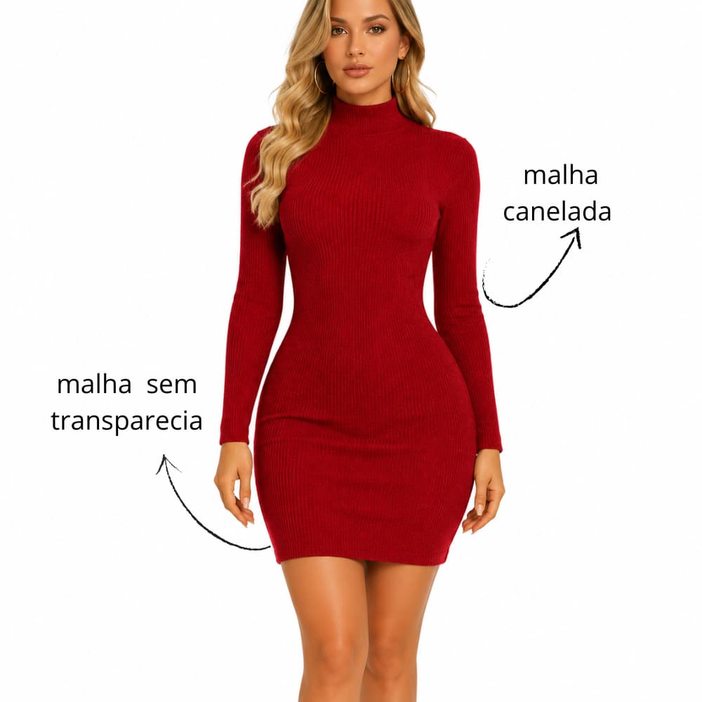 vestido feminino tubinho na malha canelada manga longa gola alta na cor vermelho
