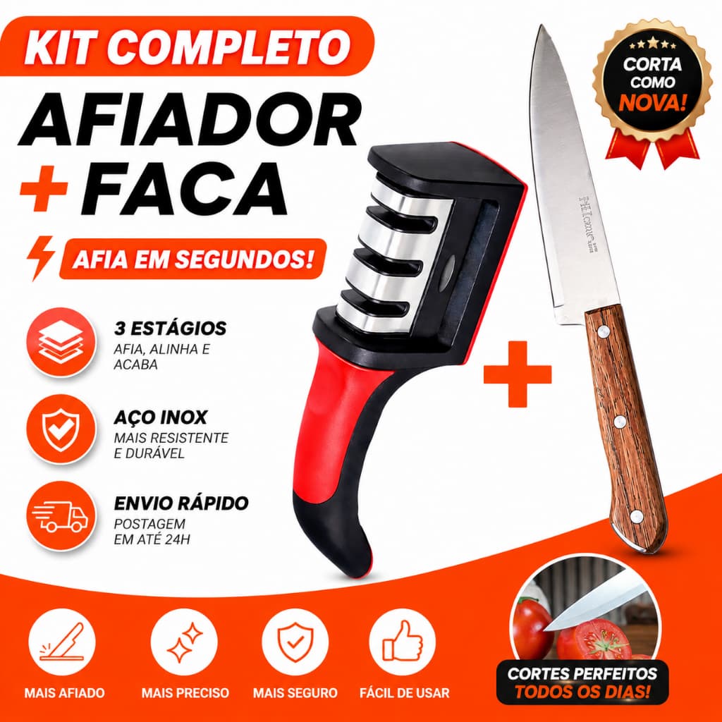 Kit Afiador de Facas Profissional 3 Estágios + Faca Inox Wood Design Cozinha Churrasco