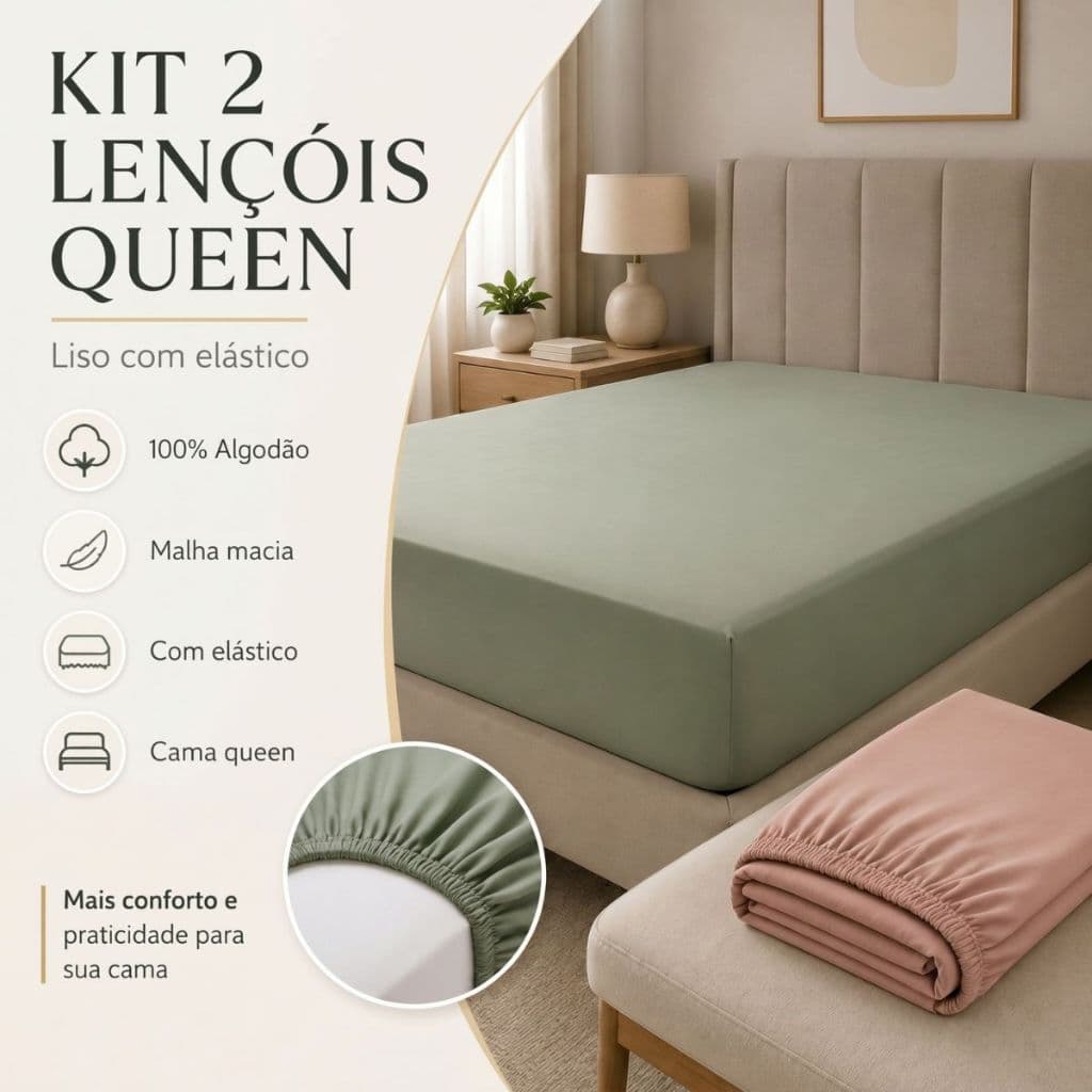 Kit 2 Lençol Queen Roupa De Cama Com Elástico Adulto Liso De Malha Macia 100% Algodão
