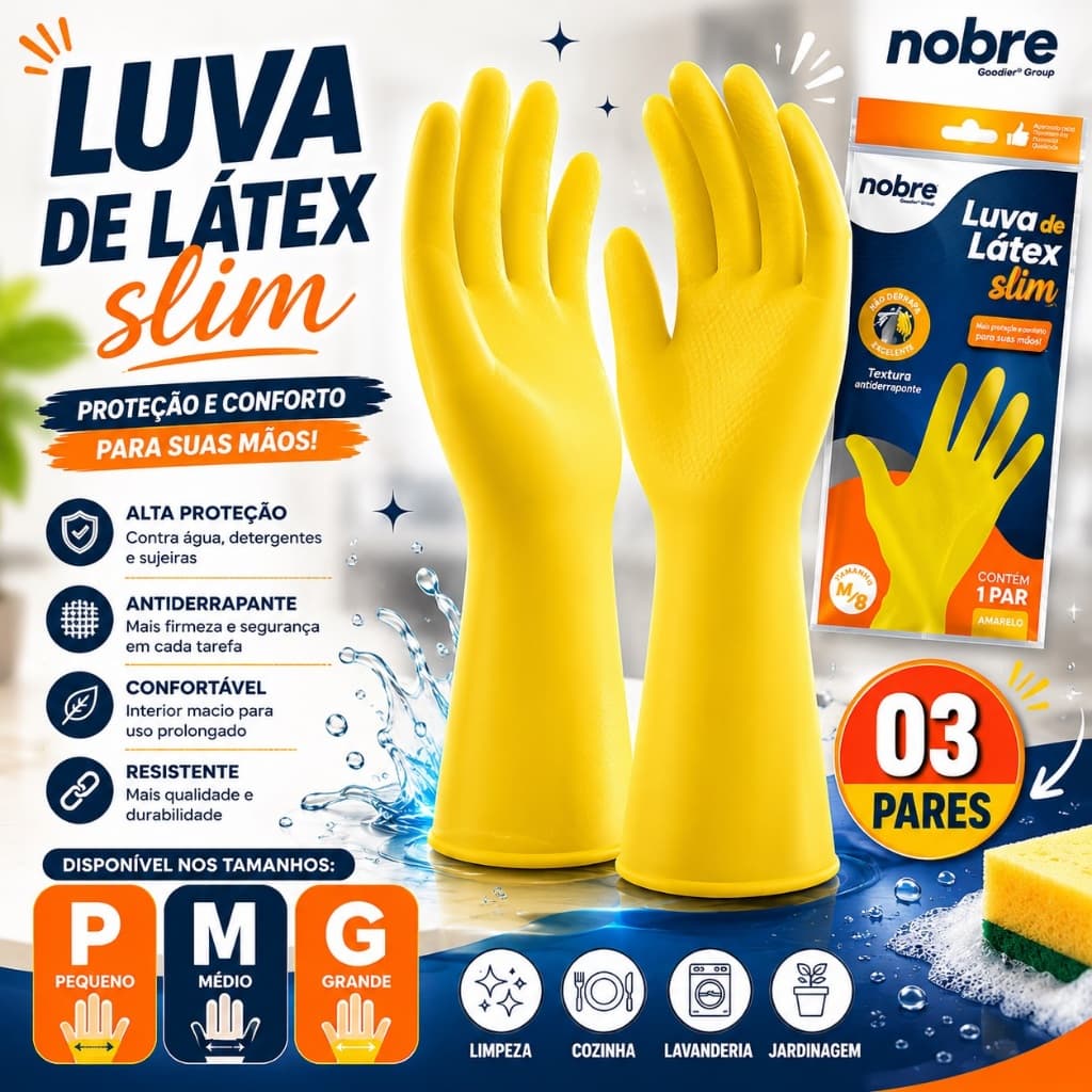 Kit 3 Pares Luva Látex Amarela Tamanho P/M/G Resistente para Limpeza e Agentes Químicos