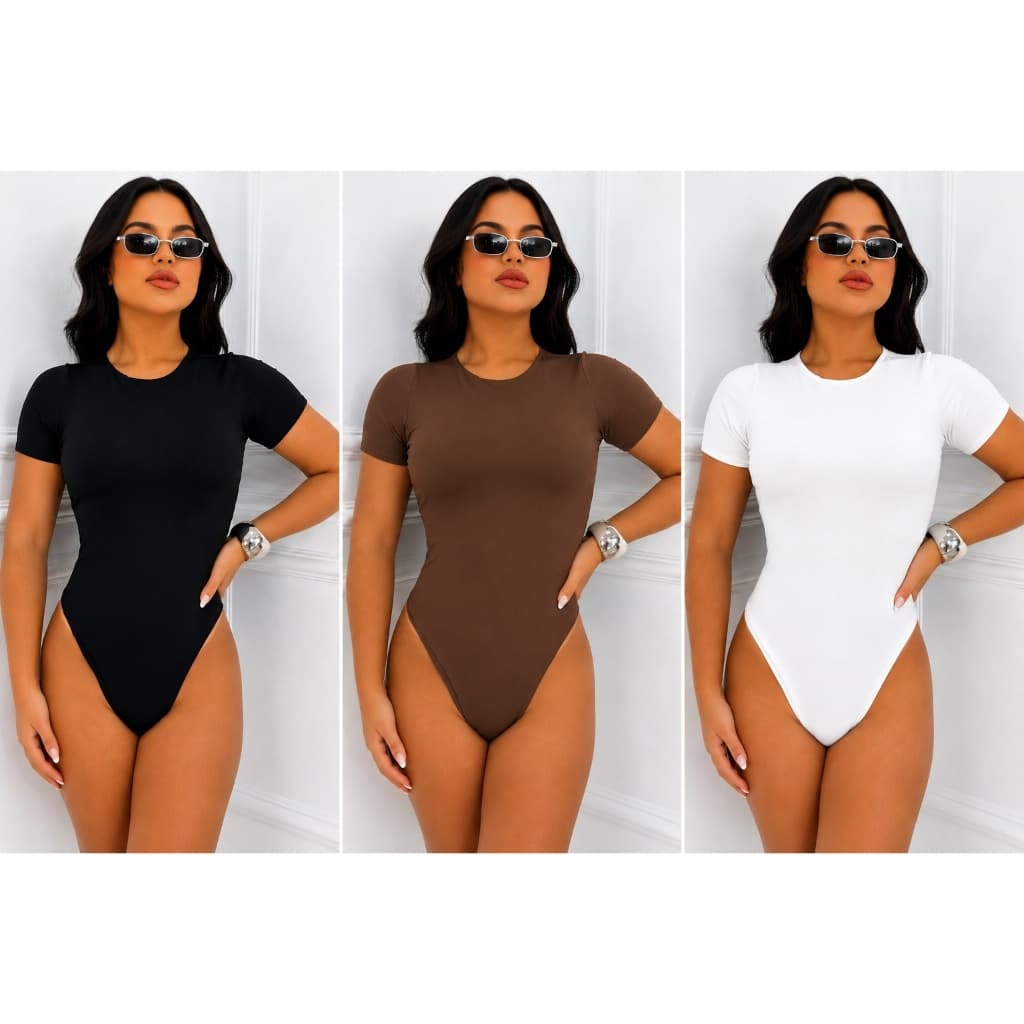 Kit 3 Body Feminino Manga Curta Forro Duplo Suplex Gola Redonda Modelador Moda Feminina