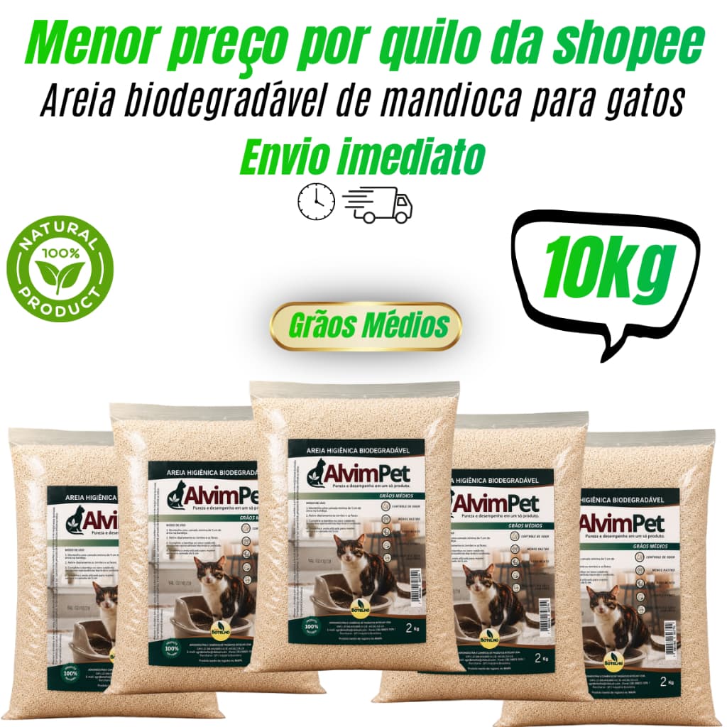 Areia para Gatos Biodegradável  de Mandioca 10kg (Kit Com 5 pacotes) Areia Higiênica AlvimPet - Grãos Médios