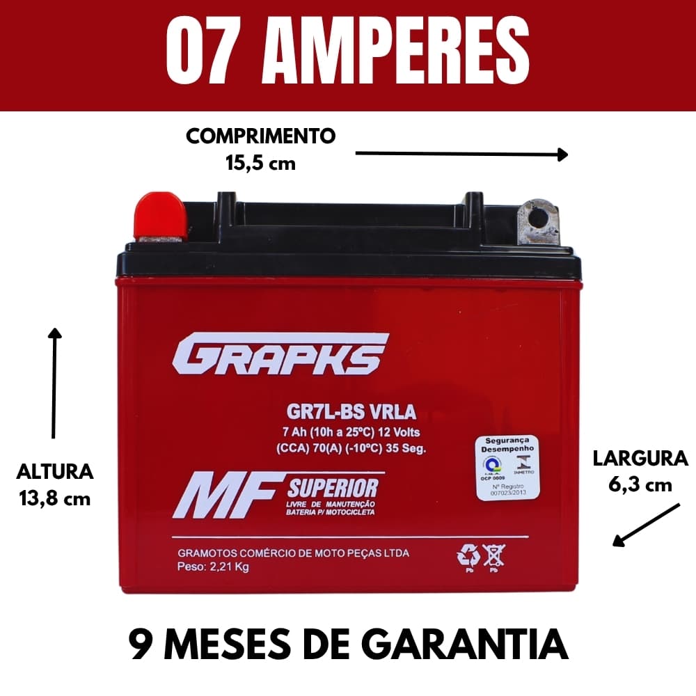 Bateria Moto XR200 7 amperes Grapks Selada Livre de Manutenção 7ah