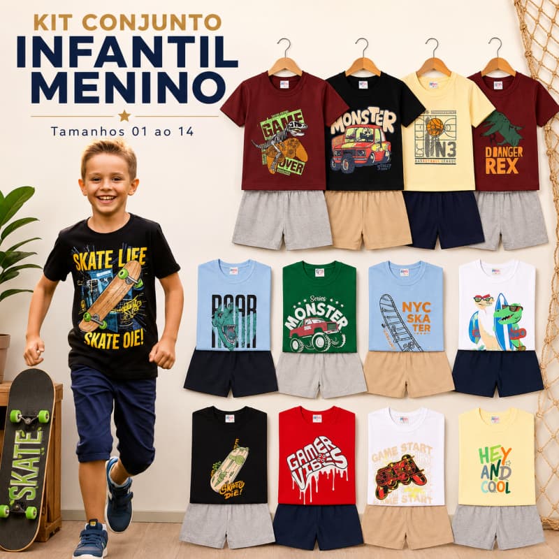 Kit Conjunto Infantil Menino Tamanho Do 01 ao 14 Anos Conjuntos Bebê ao Juvenil Masculino Roupas Dia a Dia Sortidas