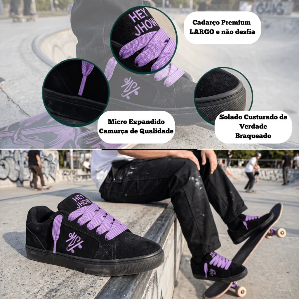 Tênis Skate Costurado Cadarço Grosso ORIGINAL Marca HEY JHOW Premium Turbinado Espuma Grossa Camurça