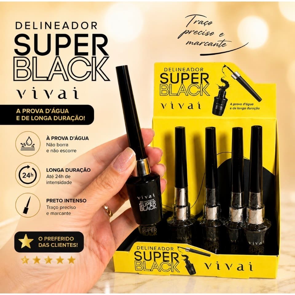 Delineador Líquido À prova D'água Super Black Vivai Preto Intenso Longa Duração Alta Fixação