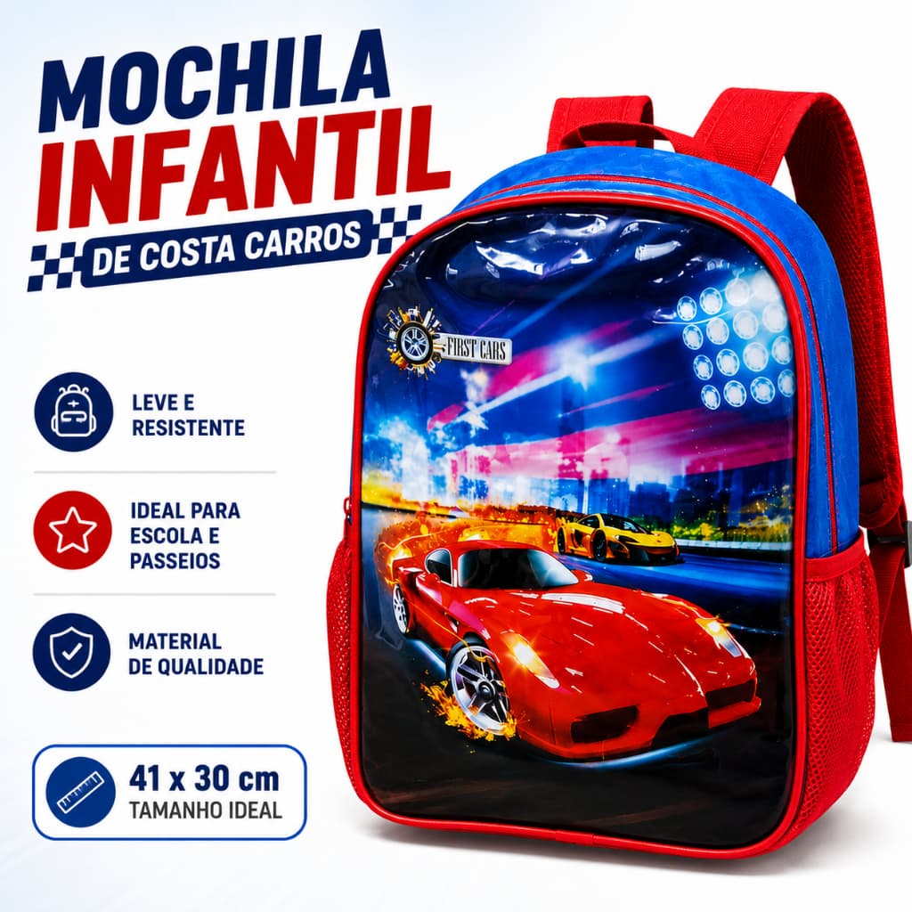 Mochila Infantil Carros Escolar Menino 41x30cm Leve Resistente Passeio crianças viagem