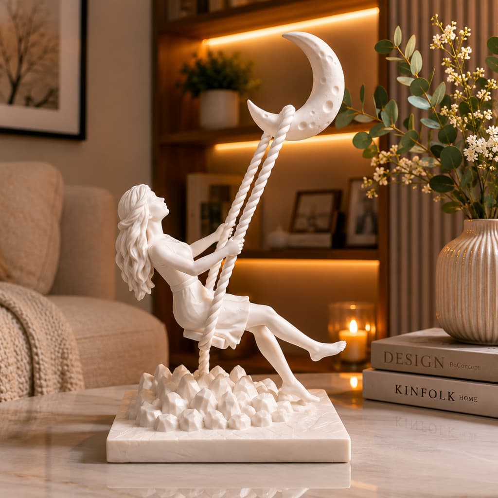 Escultura Menina na Lua Decoracao Elegante para Sala Quarto Nicho Presente Especial Acabamento Premium 18cm