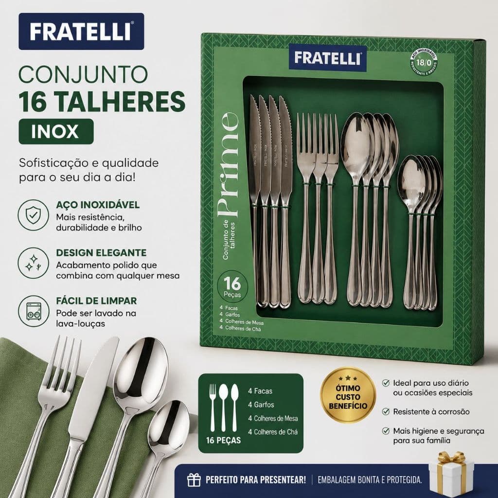 Conjunto de Talheres Inox 16 Peças para 4 Pessoas – Facas, Garfos e Colheres em Aço Inoxidável 18/0