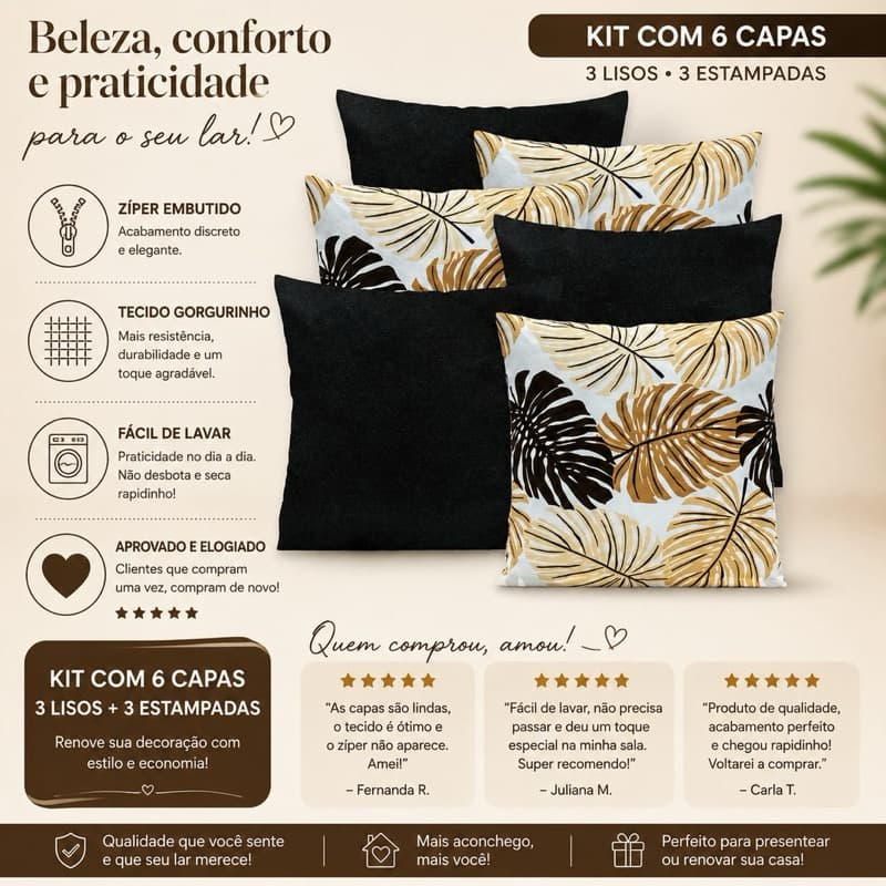 Kit 6 Capas de Almofada Premium em Gorgurinho – Zíper Embutido e Fácil de Lavar