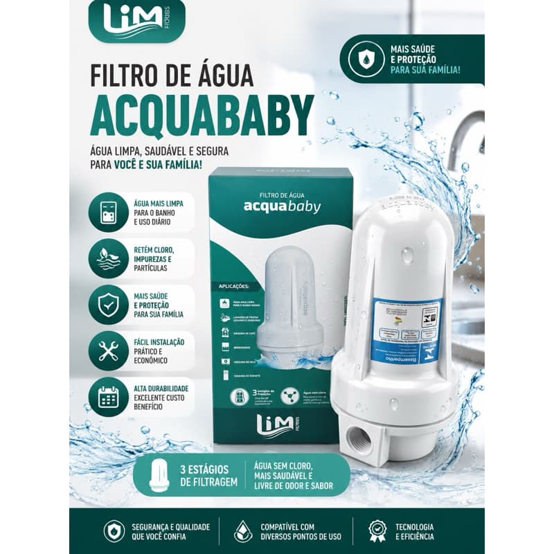 Filtro Purificador De Água AcquaBaby LIM Compacto Carvão Ativado Original Ponto de Uso