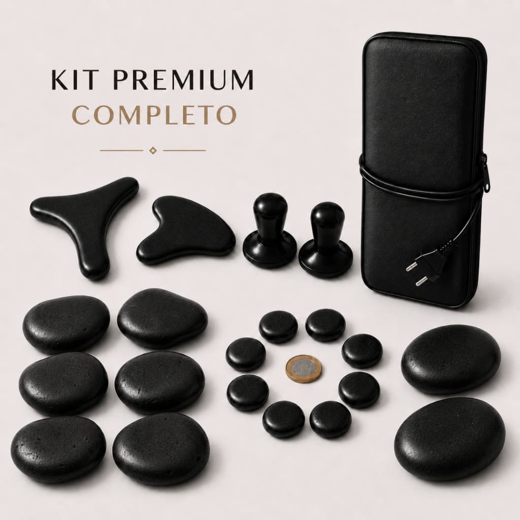 Kit Premium 12 Pedras Vulcanicas + 10 Podais  + Bolsa Térmica + Pantalinha + Guasha + 2 Cogumelo