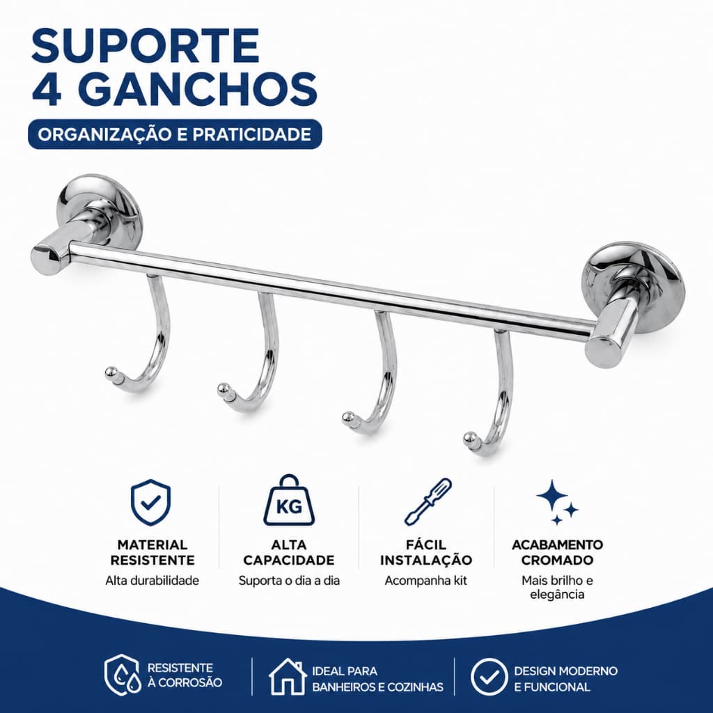 Cabideiro Banheiro 4 Ganchos — Aço Inox, Não Enferruja, Fácil Instalação e Resistente