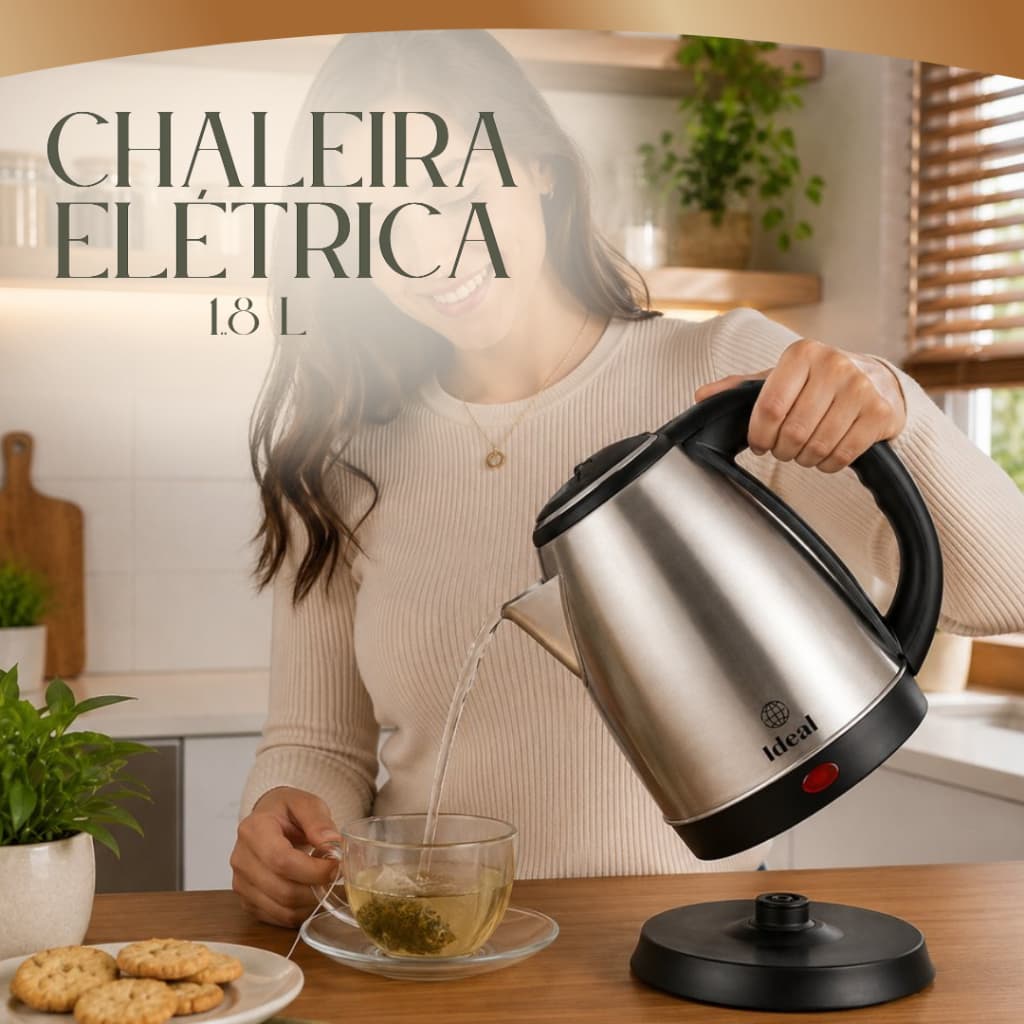 Chaleira Eletrica Inox 1.8 Litros Potente 1000 Watts Rápida Aquecimento 127 Volts 220 Volts