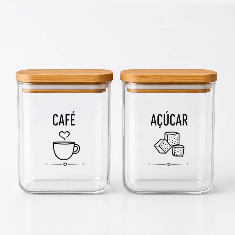 KIT 2 POTES DE ACRÍLICO CAFÉ E AÇÚCAR COM TAMPA DE BAMBU DECORATIVOS PARA COZINHA ORGANIZADA