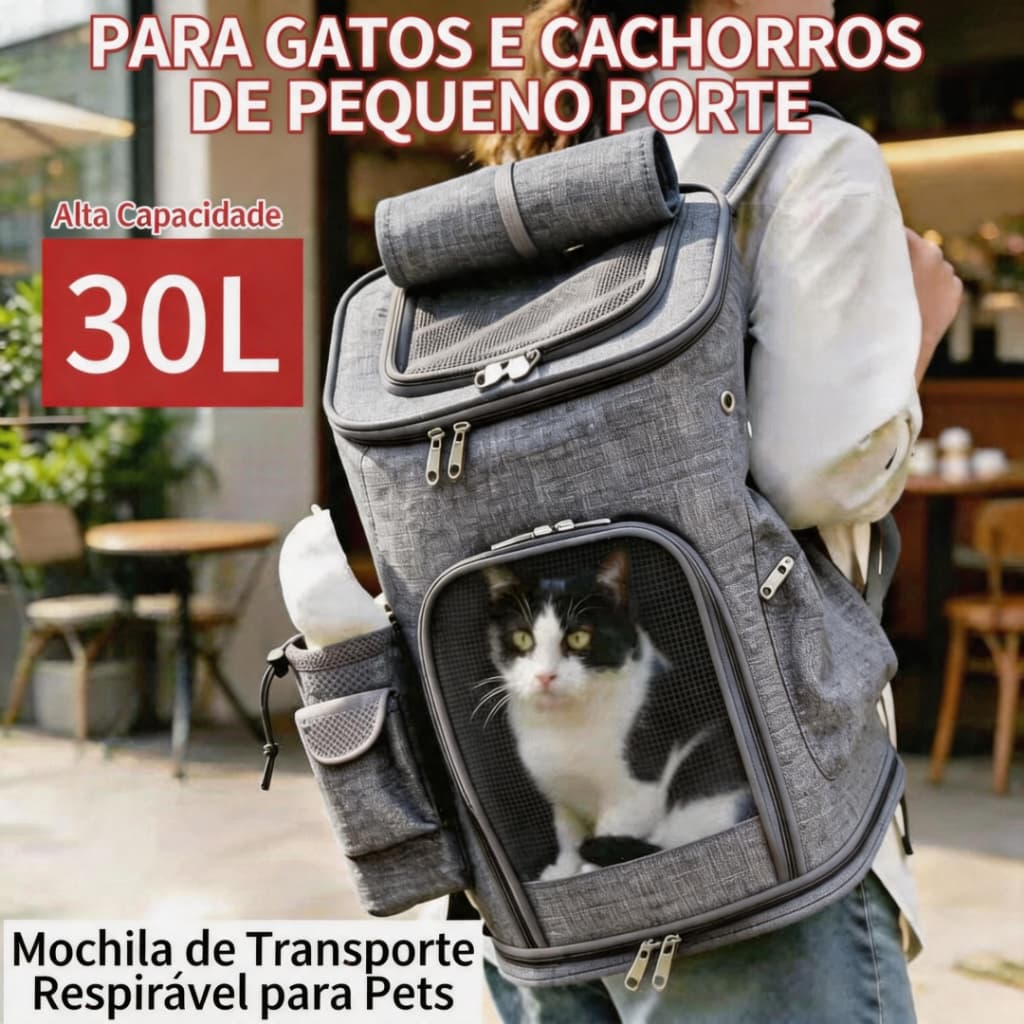 Mochila Pet Caixa de Transporte Gato Cachorro 30L Até 10kg Respirável, Passeios e Viagens