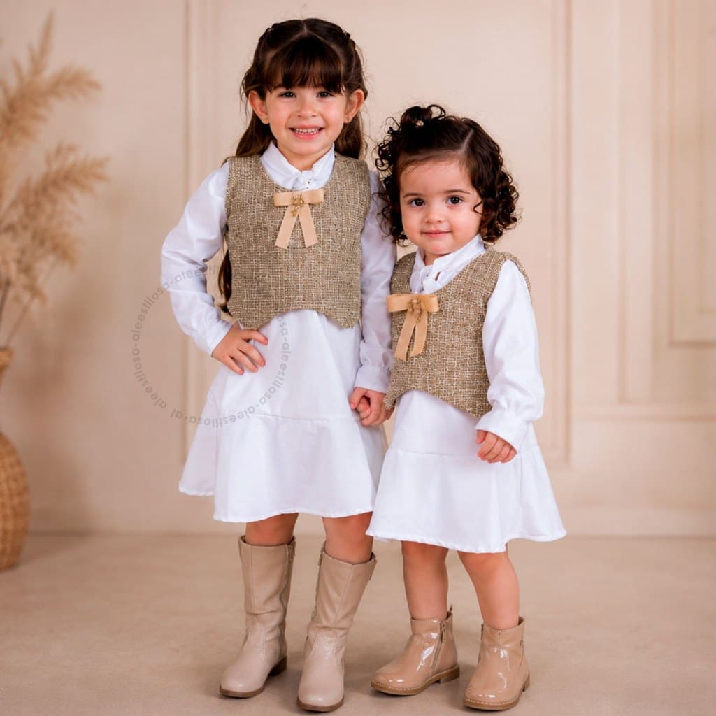 Chemise Infantil Vestido Branco com Colete Tweed Laço Feminino Manga Longa