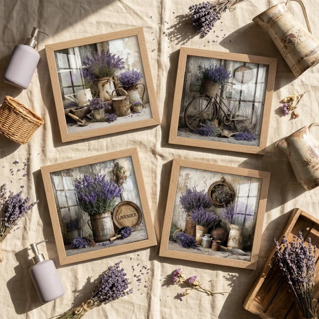 Kit 4 Quadros Decorativos Lavanda Flores Rustico Campestre Provence Sala Quarto Cozinha 18x18 cm