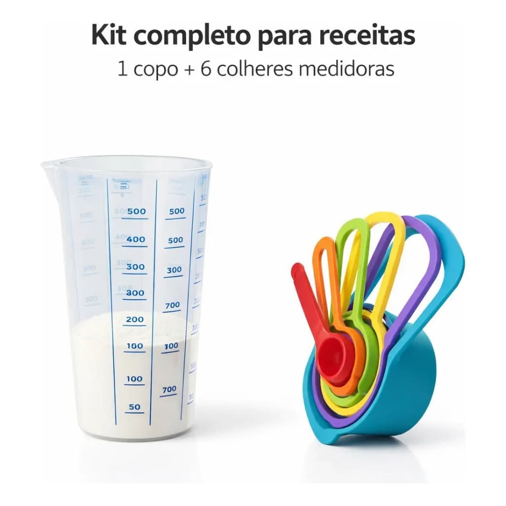 Kit Medidor de Cozinha: Copo Graduado 500ml + 6 Colheres Medidoras – Medidas Precisas para Receitas